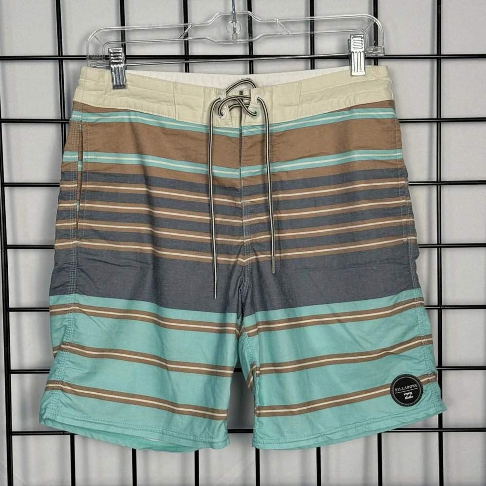 Billabong Board Shorts Men 28 Teal Brown Striped Surf Swim Trunks Quick Dry
